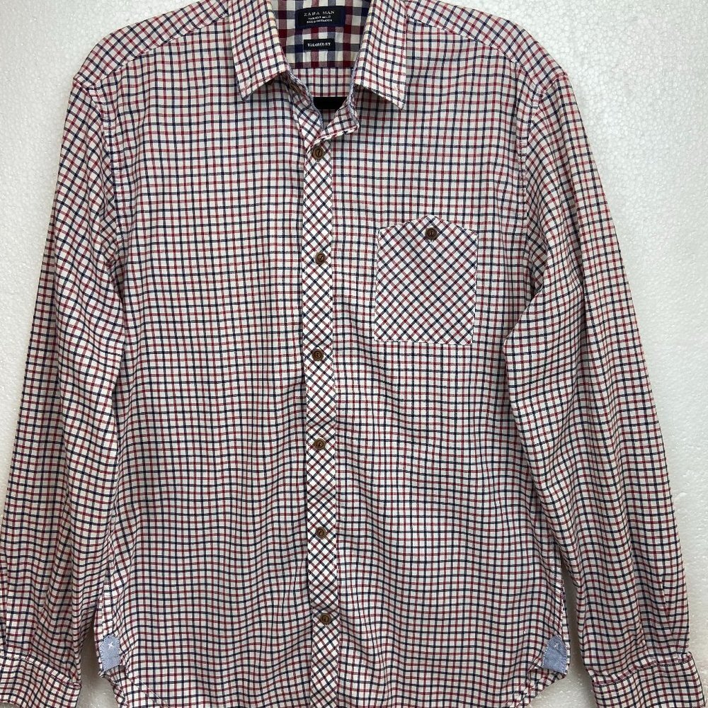 ZARA MAN Plaid Dot Button Down Shirt Sz M